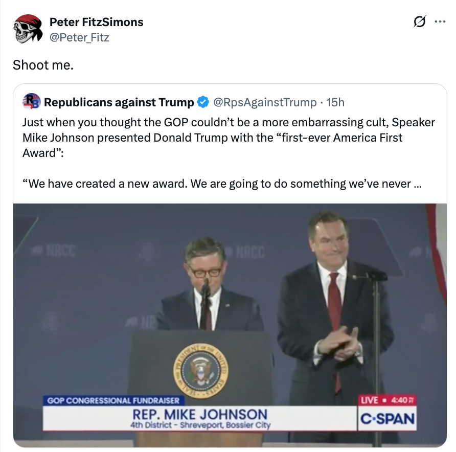 Tweet by Peter FitzSimons showing a screenshot of a Republican lawsuit with a talker and the caption, "Shoot me."
