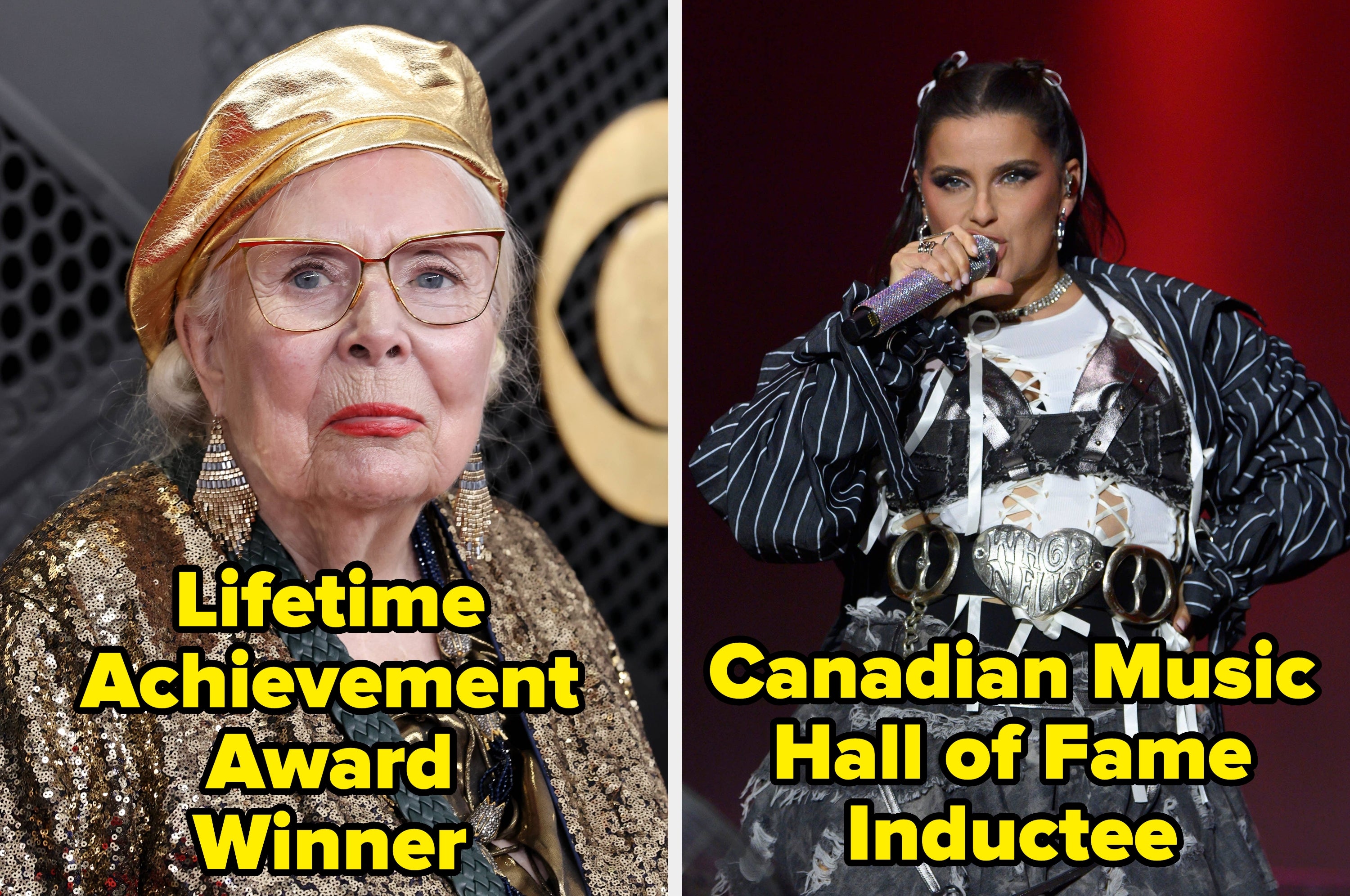 Split image: Left, older woman in gold headscarf. Right, performer in layered outfit with microphone. Text: Lifetime Achievement Award Winner; Canadian Music Hall of Fame Inductee