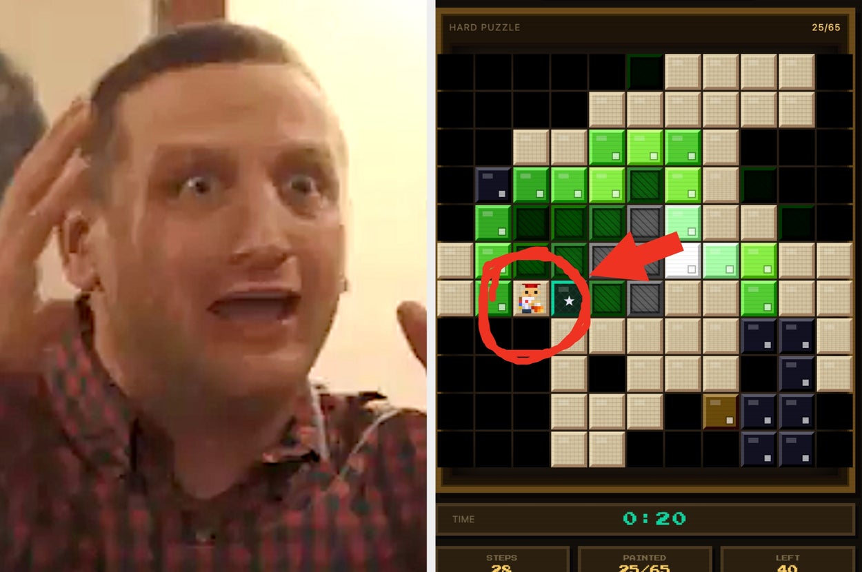 Person excitedly gestures next to a puzzle game screen with a red circle highlighting a part of the game