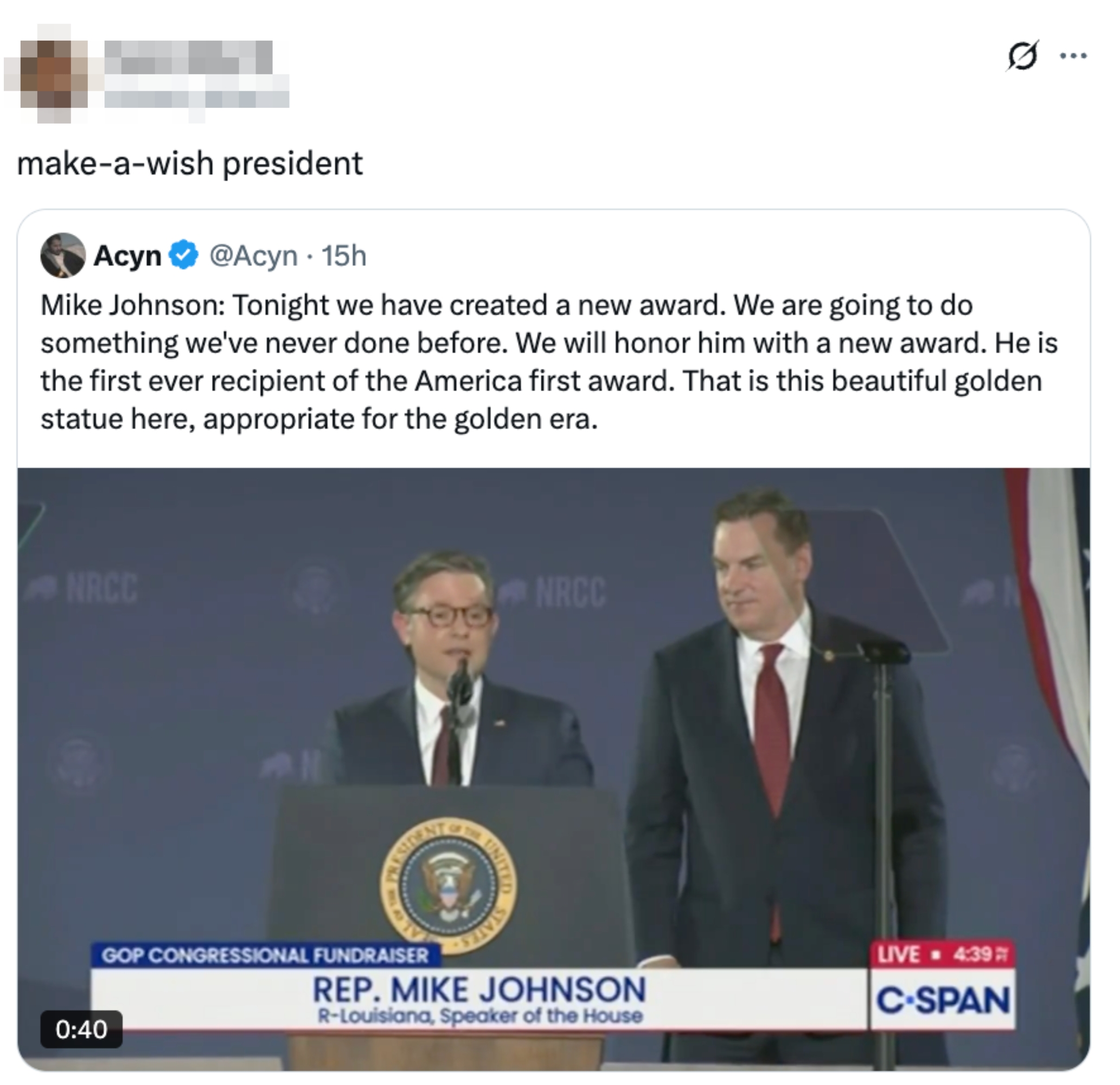 Two men astatine a podium speaking, silhouetted against a backdrop with the statesmanlike seal. One wears glasses; some successful suits and ties