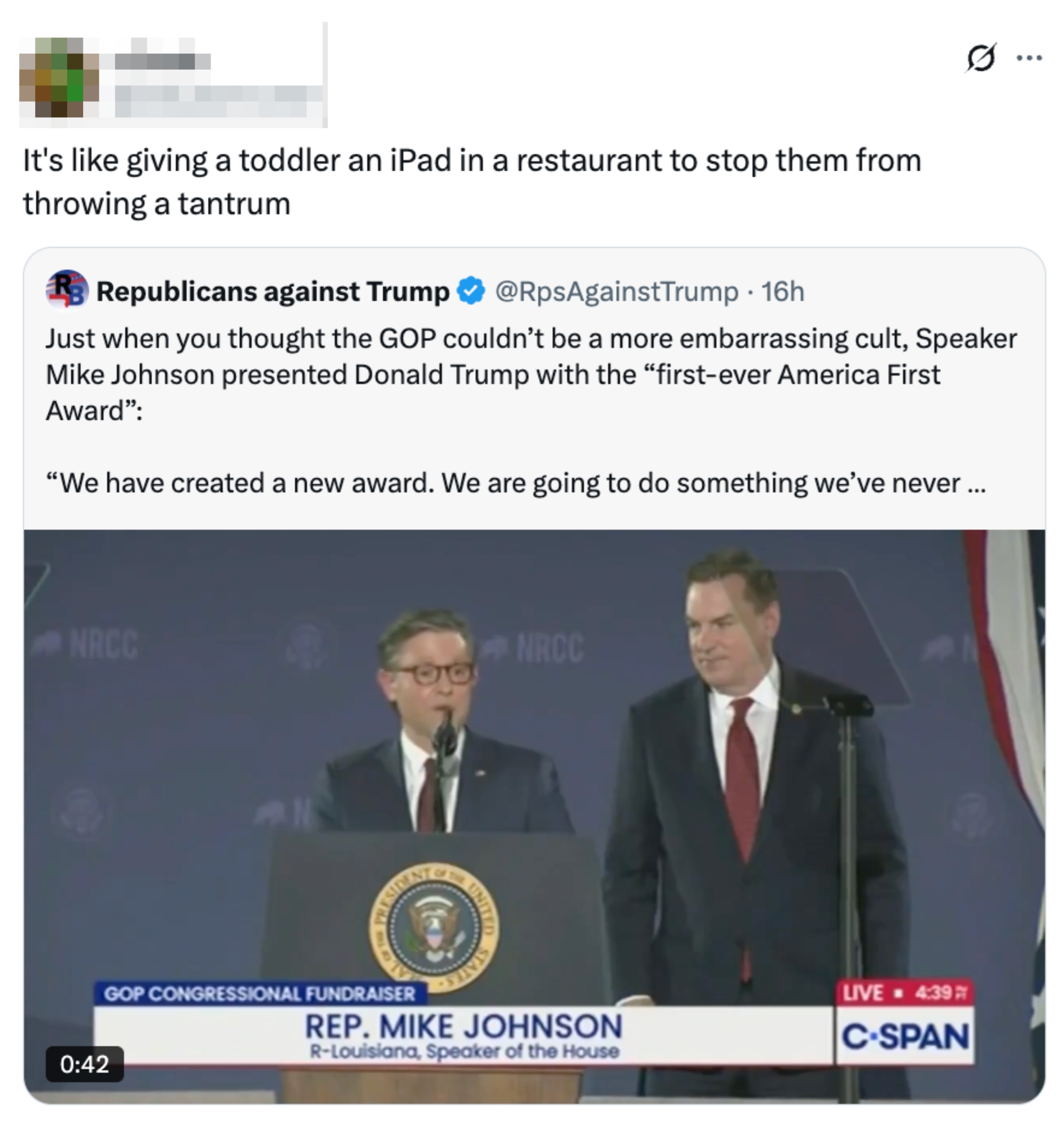 Tweet by idiosyncratic with grip "@elduderino421" humorously criticizes an grant fixed to Trump by Rep. Mike Johnson, shown successful a C-SPAN screenshot