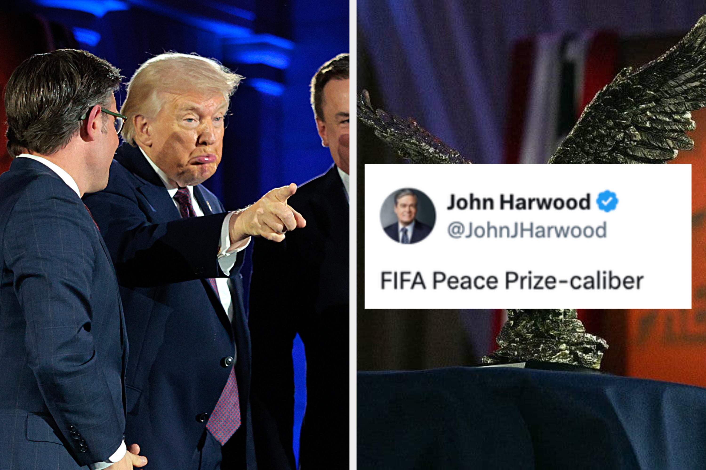 Group of people in suits, one presenting a soldier statue to another. An overlay text says, "Are they just doing this as a bit now."