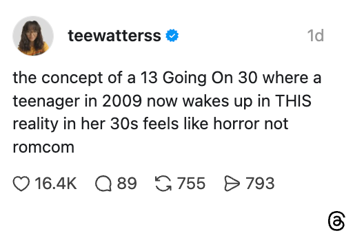 Post by teewatters: A teenager from 2009 wakes up in her 30s now; concept feels like horror, not romcom. 14.6K likes, 89 comments, 755 shares, 793 saves