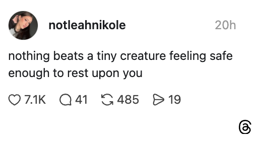 Screenshot of a social media post by notleahnikole expressing the joy of a small creature resting on them