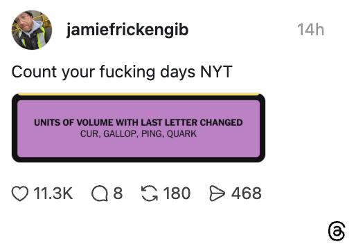 Social media post: User challenges NYT's puzzle clue, showing a purple box with the clue "Units of volume with last letter changed."