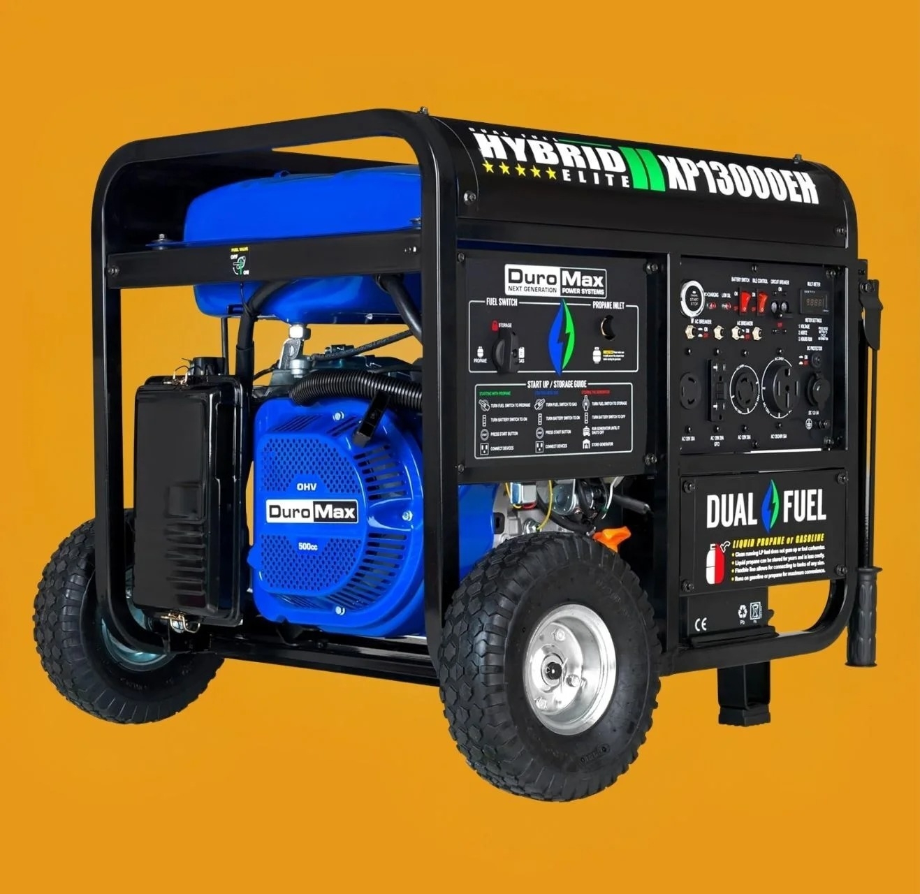 Portable dual-fuel generator with wheels, promoting the DuroMax brand. Featured connected a plain backdrop, suitable for exigency powerfulness solutions