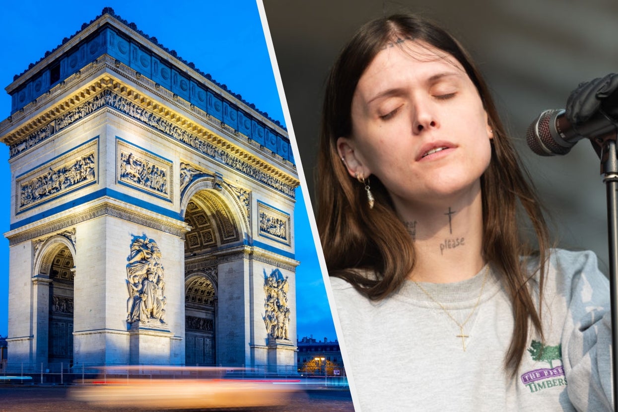 Side-by-side images: Arc de Triomphe and a person with closed eyes, wearing a casual gray shirt with "Please" tattooed on the neck