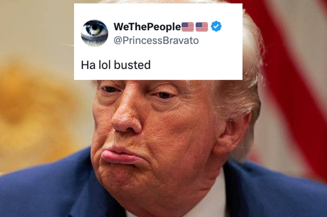 A man's expression is overlaid with a tweet from @PrincessBravato stating, "Ha lol busted," featuring emojis and a verification badge