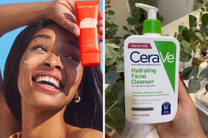 person joyfully holds sunscreen by her face; another person displays CeraVe facial cleanser near plants