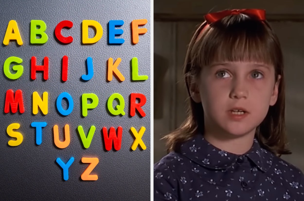 Split image of colorful ABC magnets and Mara Wilson as Matilda
