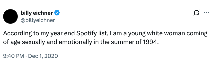 Tweet by Billy Eichner humorously states his Spotify database makes him consciousness similar a young achromatic pistillate experiencing coming-of-age successful summertime 1994