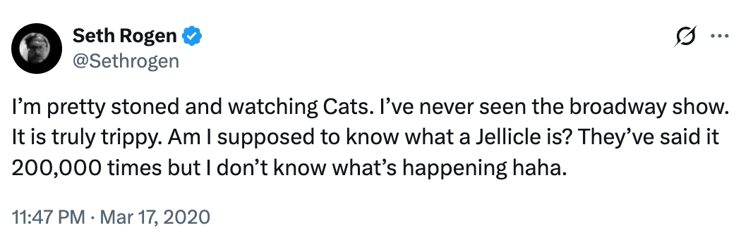 Screenshot of a tweet from Seth Rogen humorously describing his acquisition watching the philharmonic "Cats" portion stoned