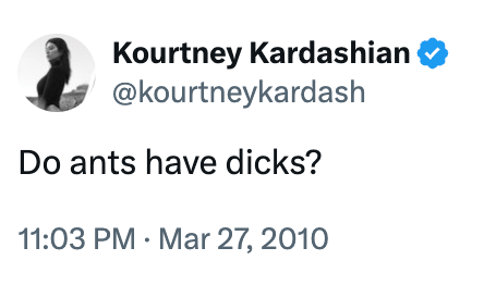 Screenshot of a tweet asking, "Do ants person dicks?" by Kourtney Kardashian, posted connected March 27, 2010, astatine 11:03 PM