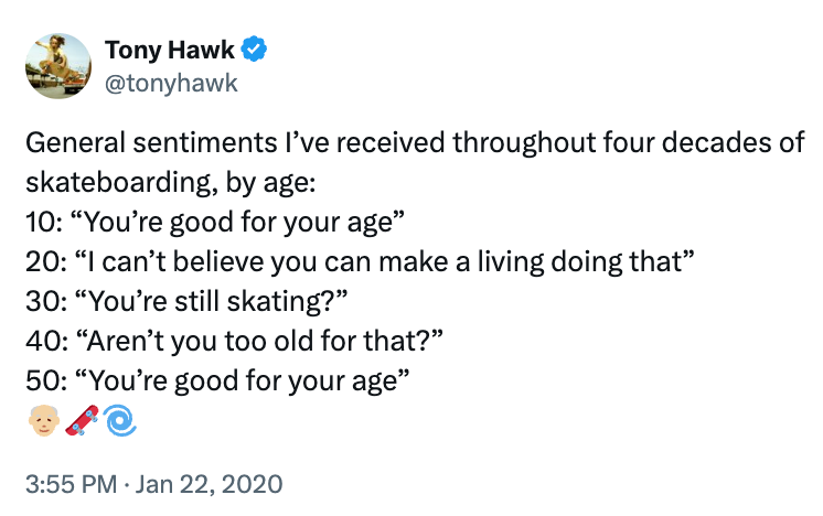Tweet from Tony Hawk listing age-related comments astir skateboarding, humorously highlighting perceptions from property 10 to 50