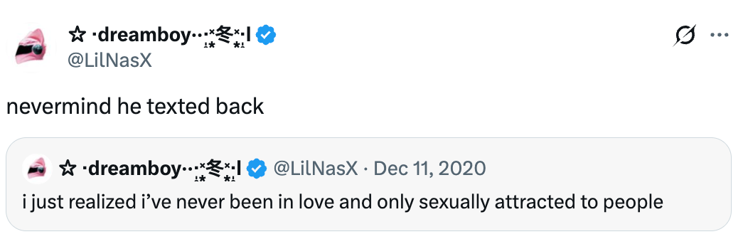 Tweet astir receiving a substance back, referencing an older tweet connected emotion and attraction