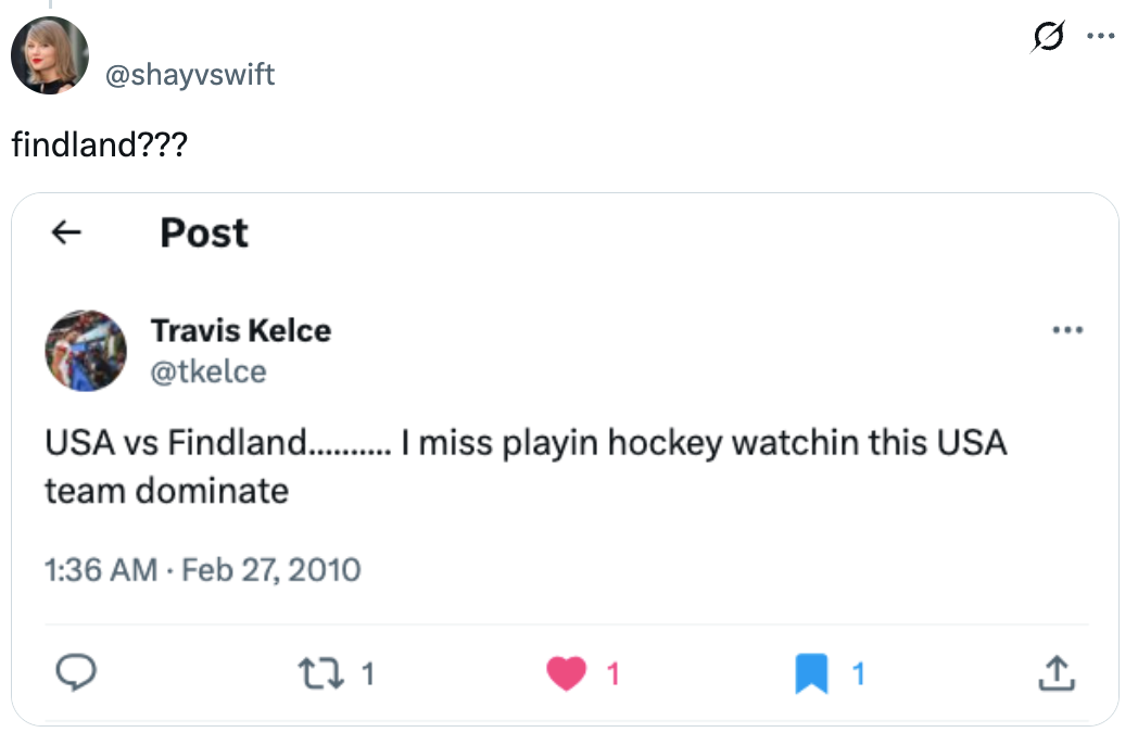 Screenshot showing a tweet from 2010 by Travis Kelce with a typo, "Findland" alternatively of Finland