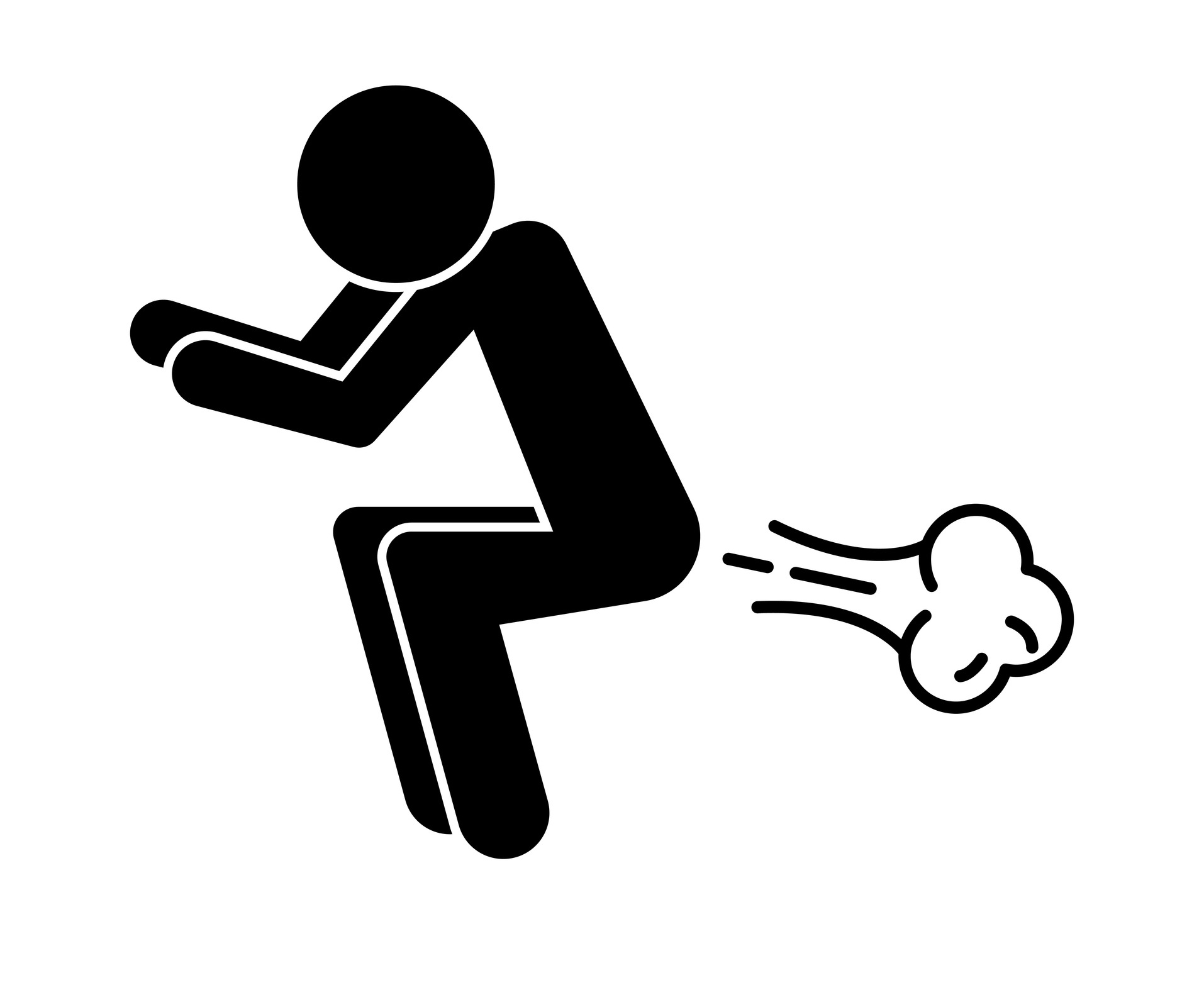 Stick fig crouching, emitting a cartoon-style puff of aerial from behind, symbolizing flatulence