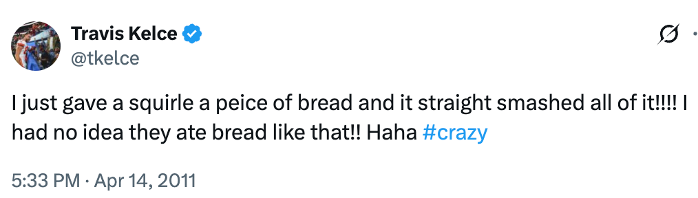 Tweet by a verified idiosyncratic from 2011 astir giving a squirrel a portion of breadstuff and being amazed however rapidly it ate it, with laughter and "#crazy"