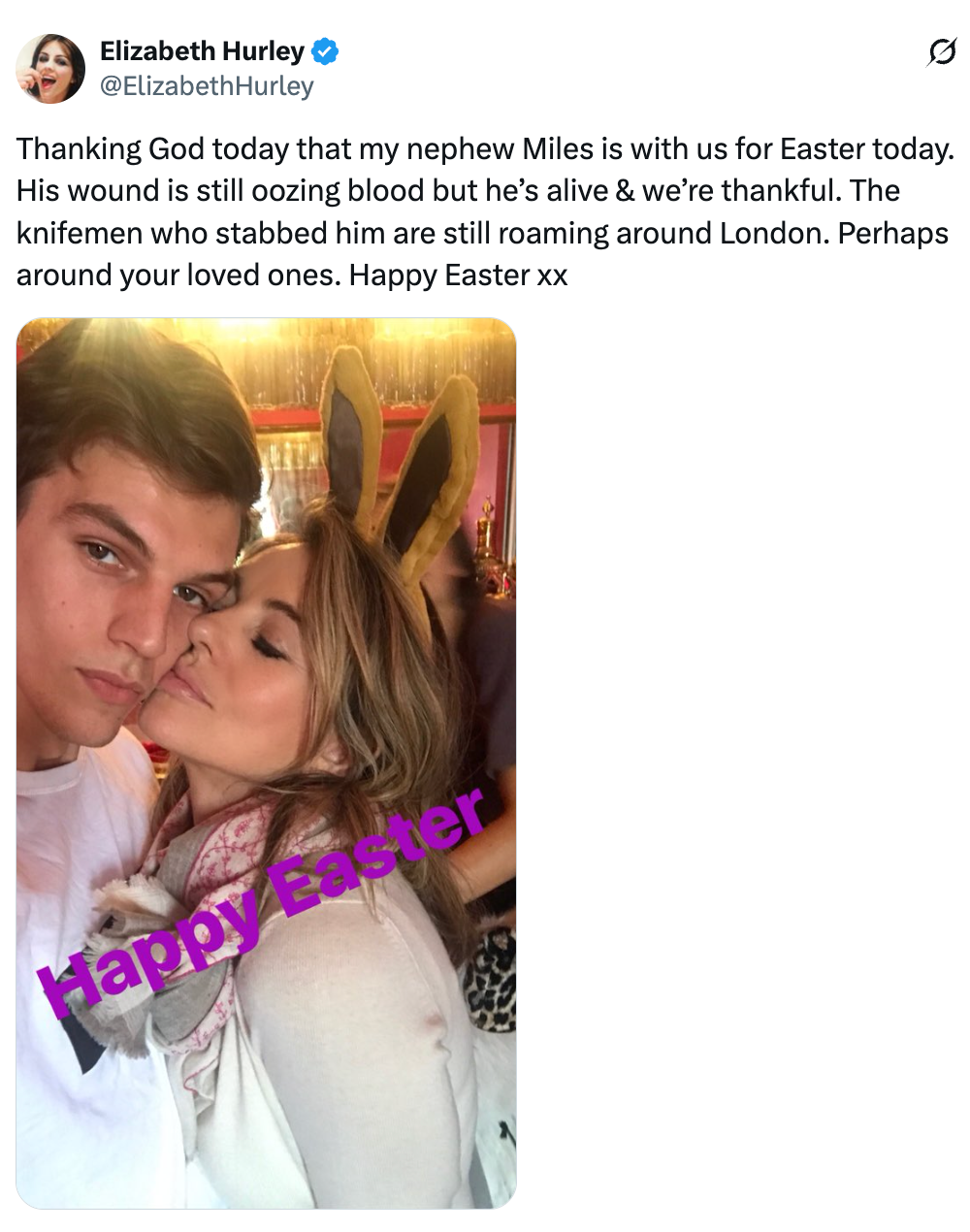 Woman with bunny ears hugs man; substance reflects gratitude and mentions betterment from a stabbing incidental successful London