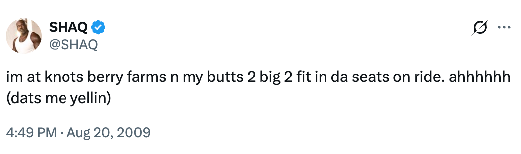 Shaq tweets astir his trouble fitting into a thrust spot astatine Knott's Berry Farm, humorously expressing his frustration