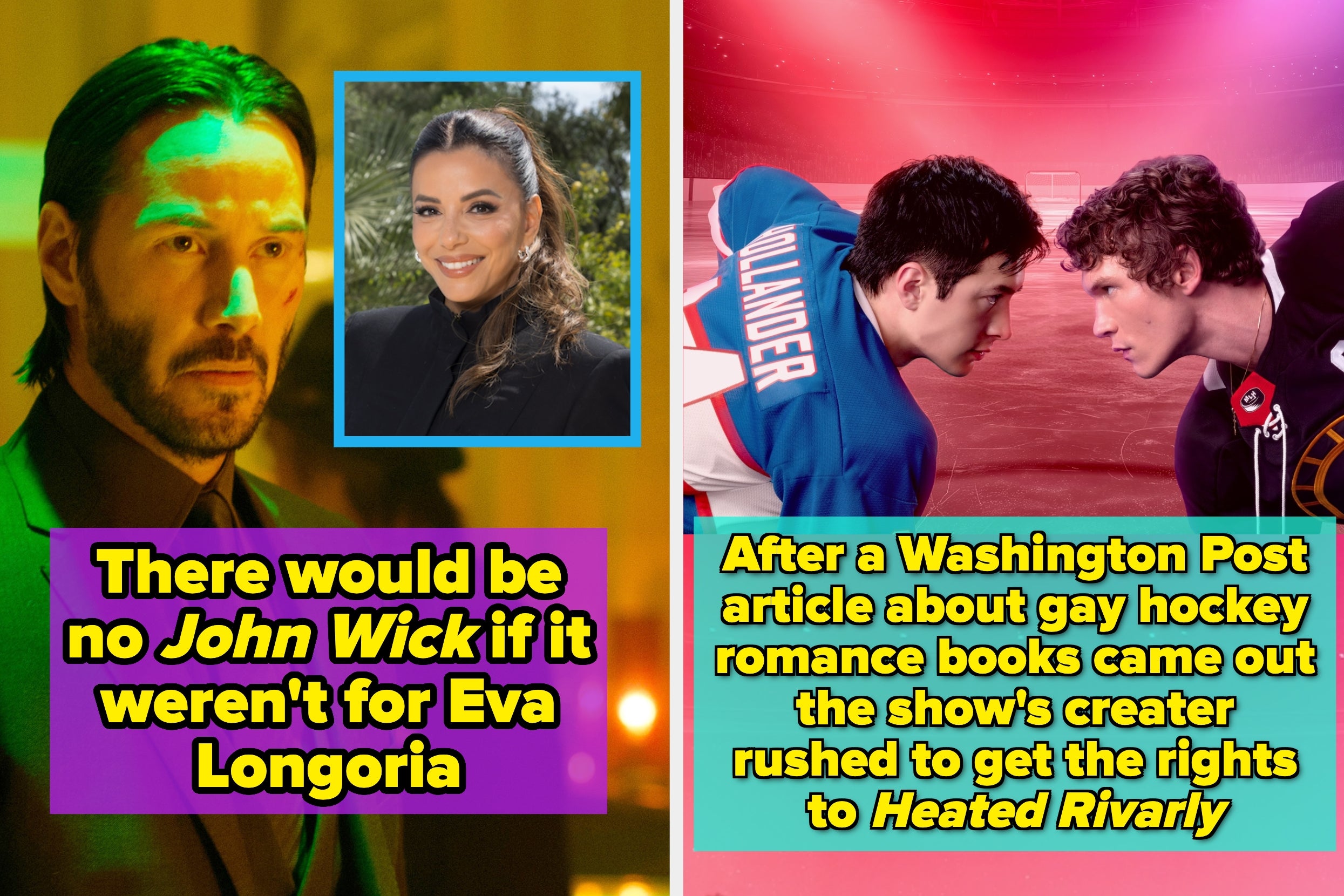 On the left, a person in a suit; inset of smiling woman. On the right, two hockey players face-off. Captions about John Wick and a gay hockey romance series