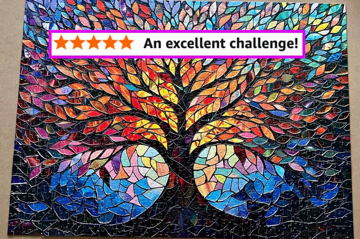 Mosaic-style tree puzzle with a 5-star rating and the text "An excellent challenge!"