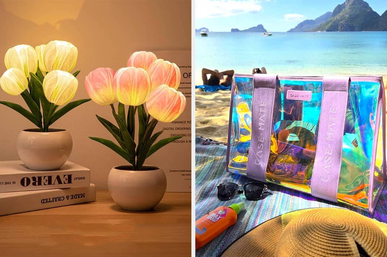 Left: Two illuminated tulip-shaped lamps in white pots. Right: Transparent iridescent bag with pink handles on a beach towel near sunscreen