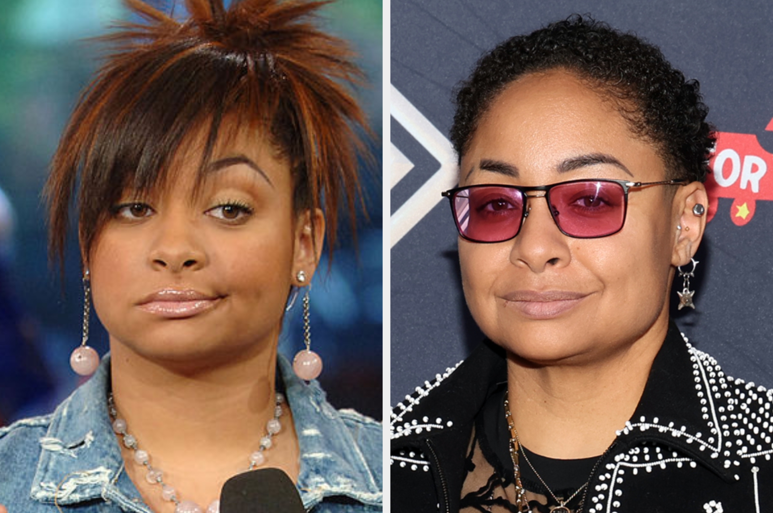 Two side-by-side images of a celebrity. The near shows them with styled hairsbreadth and earrings; the close shows them with abbreviated hair, sunglasses, and a studded jacket