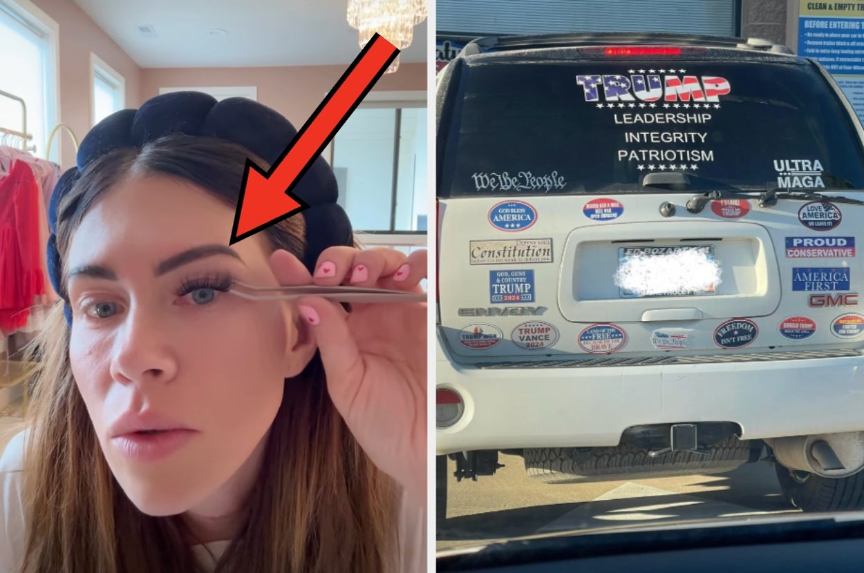 Person using tweezers near an eye, with an arrow pointing to them. The right side shows a car covered in political bumper stickers