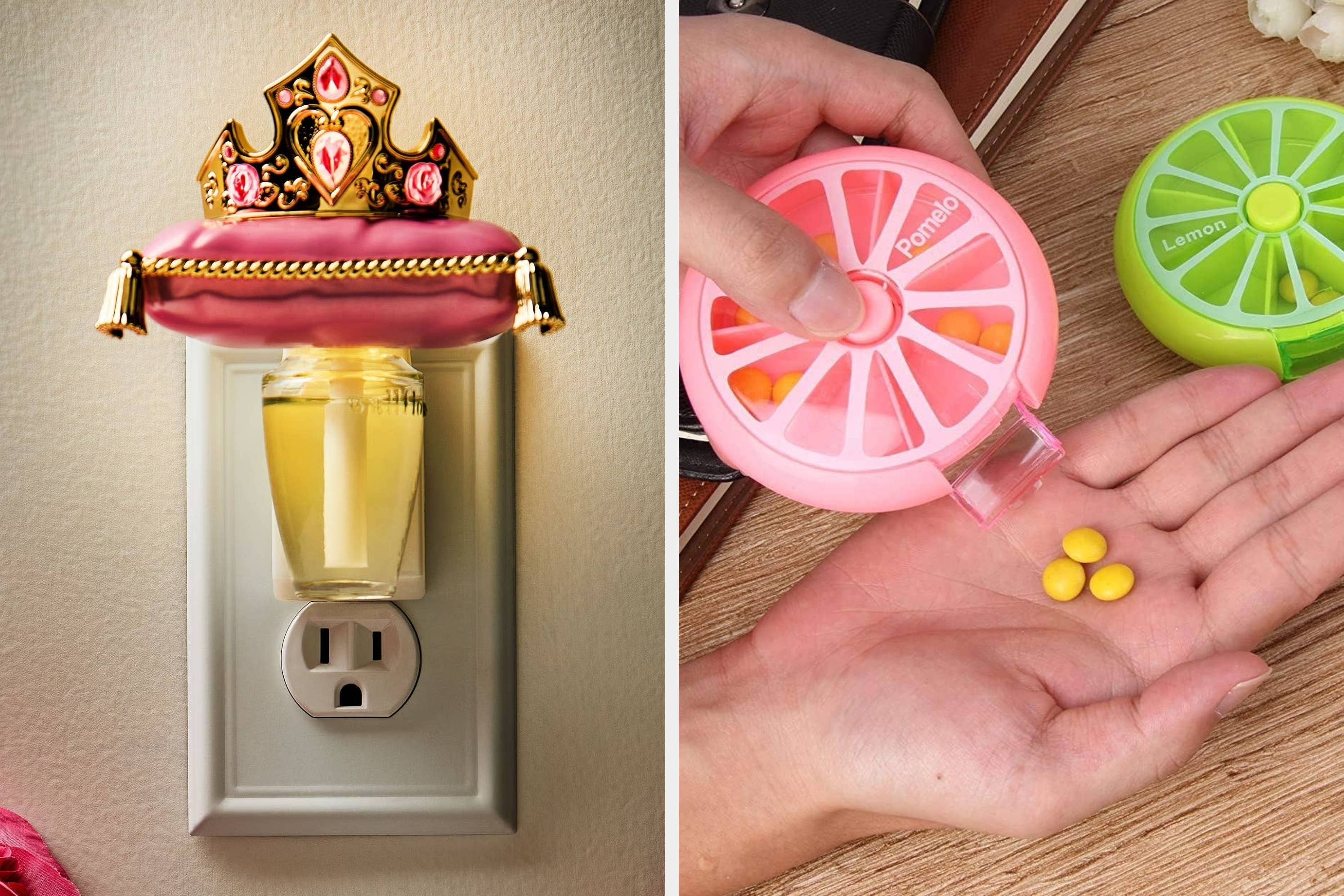 Image showing a novelty nightlight shaped like a mini throne and a hand using a circular pill organizer with compartments labeled by fruit