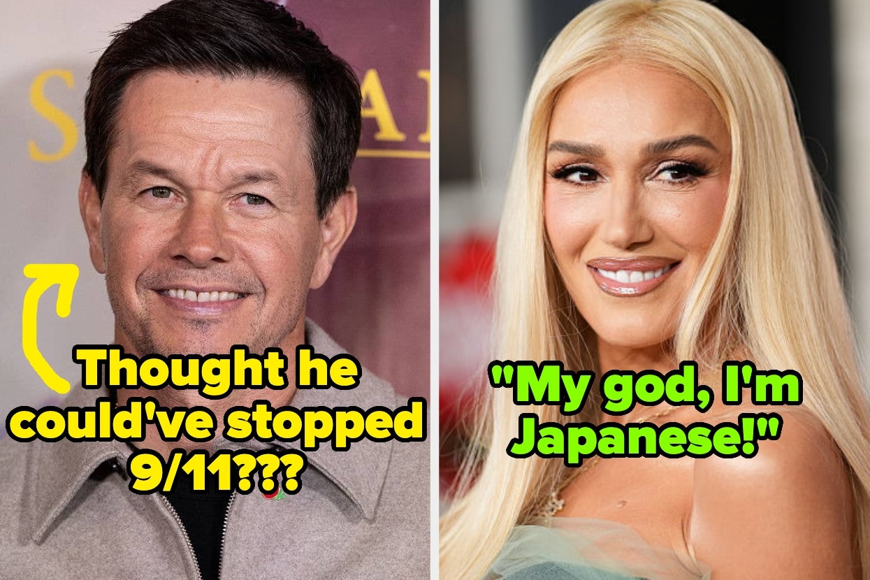 mark wahlberg captioned "Thought he could've stopped 9/11???" and gwen stefani captioned "my god, i'm japanese!"