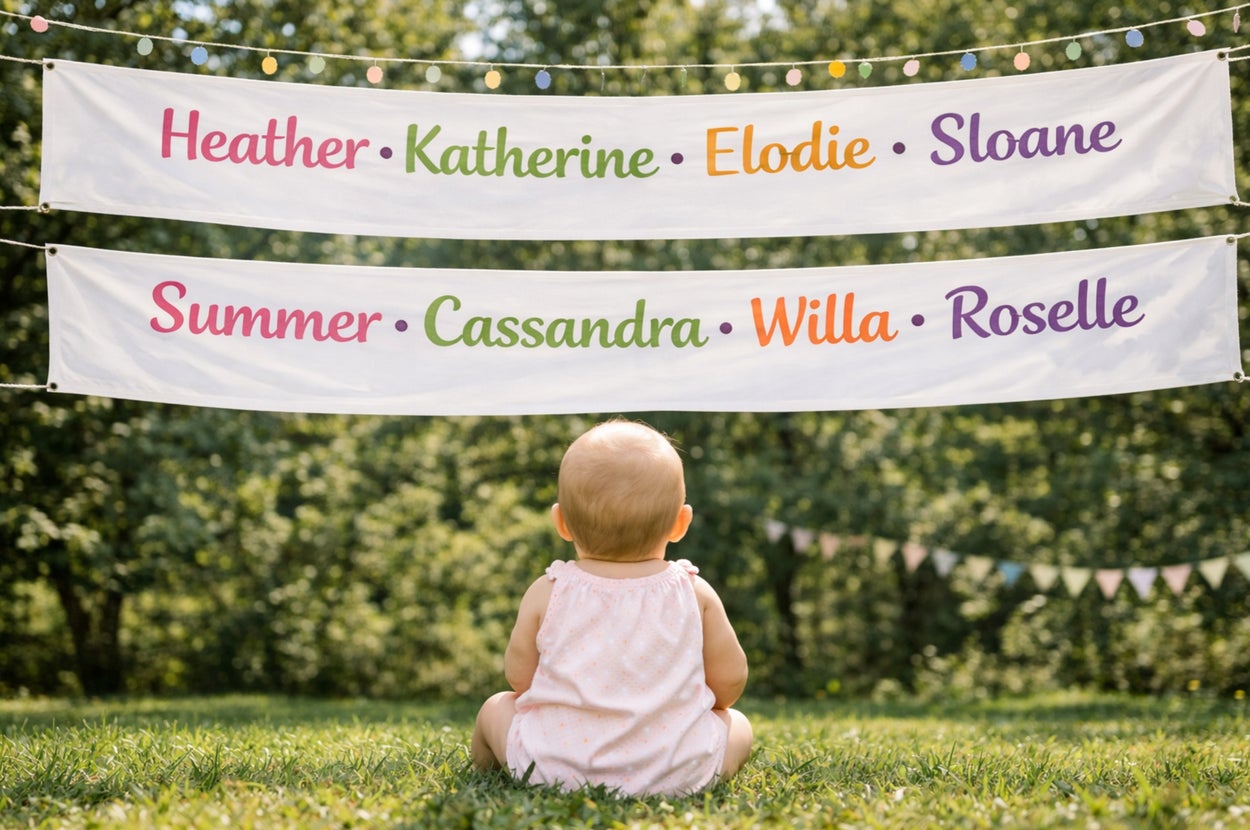 A baby sits on grass, facing two banners displaying names: Heather, Katherine, Elodie, Sloane, Summer, Cassandra, Willa, Roselle, in a park setting