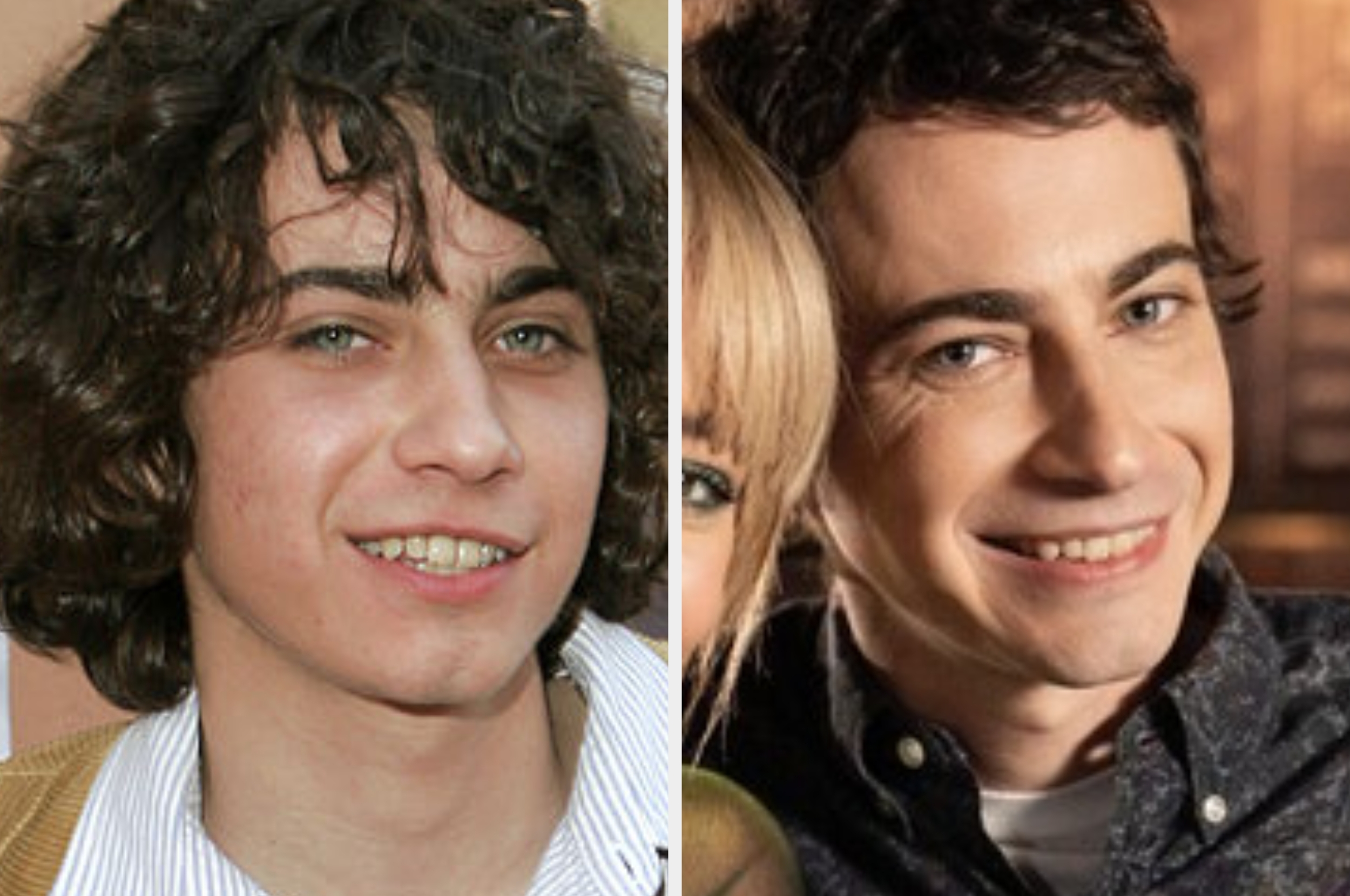 Two side-by-side photos of the aforesaid smiling idiosyncratic with antithetic hairstyles; 1 with curly hair, the different with short, styled hair