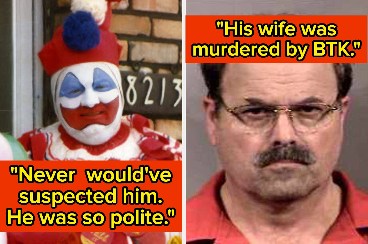 Split image: left shows a clown costume with a caption about politeness; right shows a man's mugshot with a caption about his wife's murder by BTK