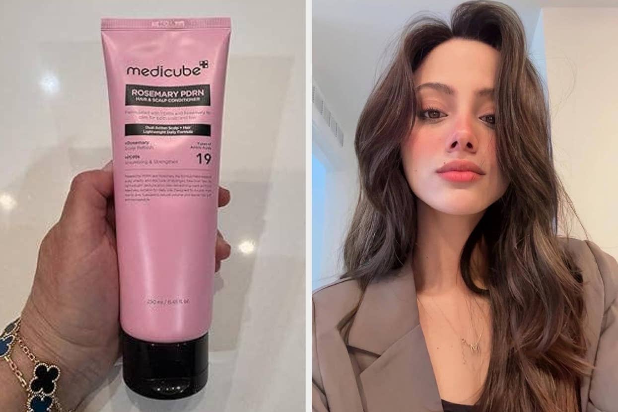 Pink tube of Medicube Rosemary Pore foam cleanser held in hand next to a person in a blazer looking at the camera