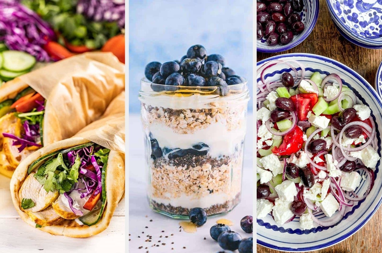 Three dishes: a wrap with vegetables and chicken, a parfait with yogurt and blueberries, and a Greek salad with feta, olives, and vegetables