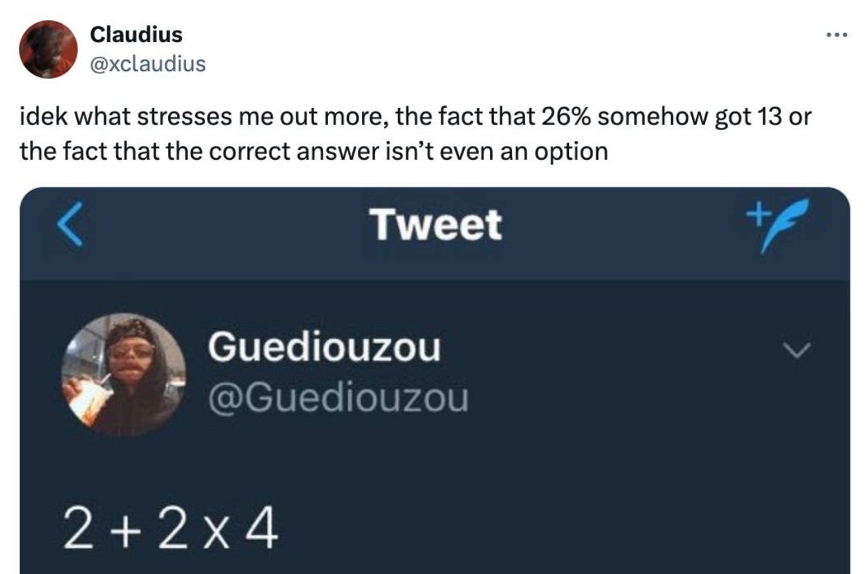 Tweet questioning how 26% of people chose 13 for 2 + 2 x 4, highlighting the absence of the correct answer option