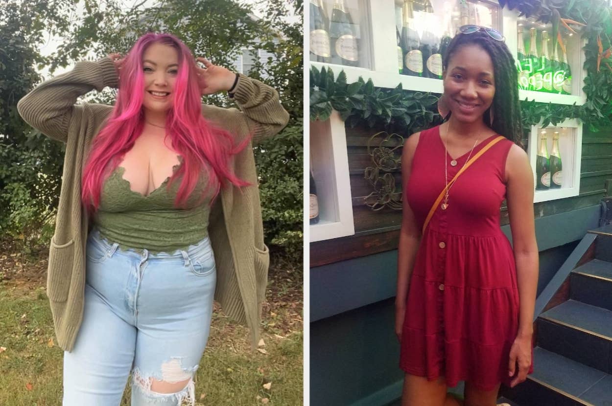 Two people in stylish outfits: one in a cardigan over a lace top with jeans, and another in a sleeveless red dress with buttons