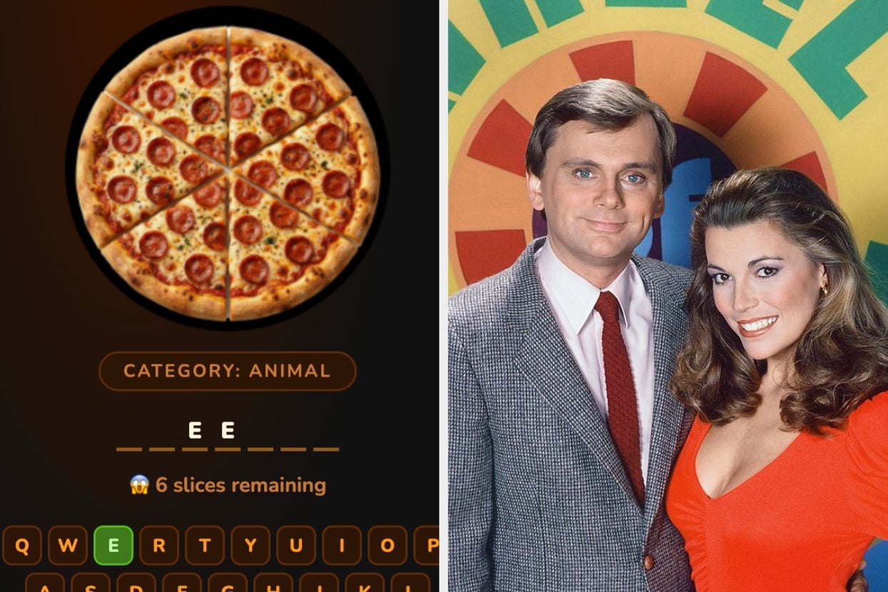A word game app screen with a pizza puzzle showing "Category: Animal - E_E" next to a photo of two people smiling in formal attire