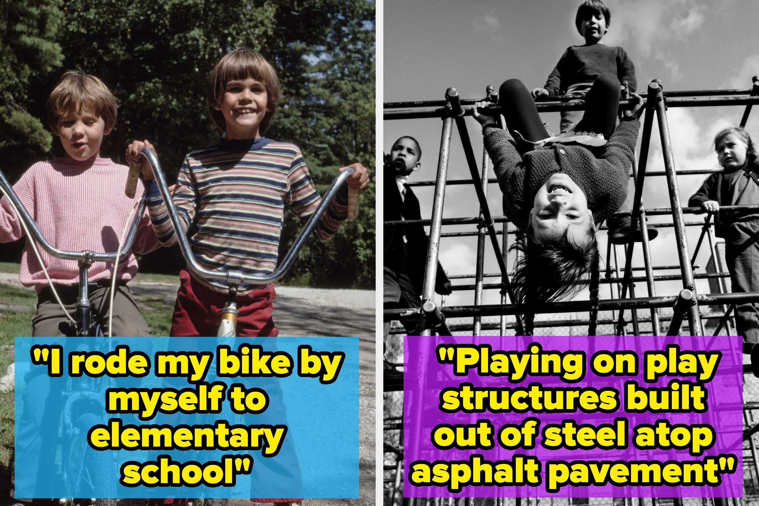 Two images: Left shows a child with a bike, quote about biking to school; right has children on a steel playground, quote about playing on pavement