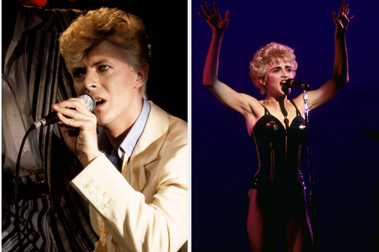 Two singers performing passionately on stage, with distinctive 1980s hairstyles and outfits, each holding a microphone