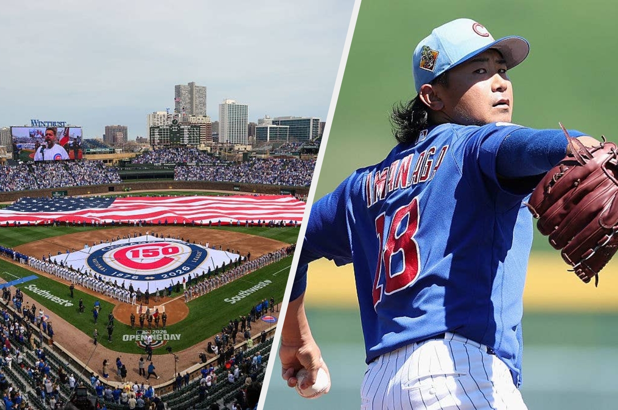 野球場で150周年のセレモニー、選手たちが並んでいる。選手はピッチングフォームを見せている。