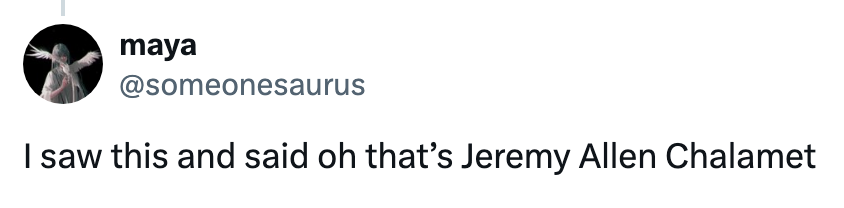 Tweet joking astir a imaginable mix-up betwixt actors Jeremy Allen and Timothée Chalamet