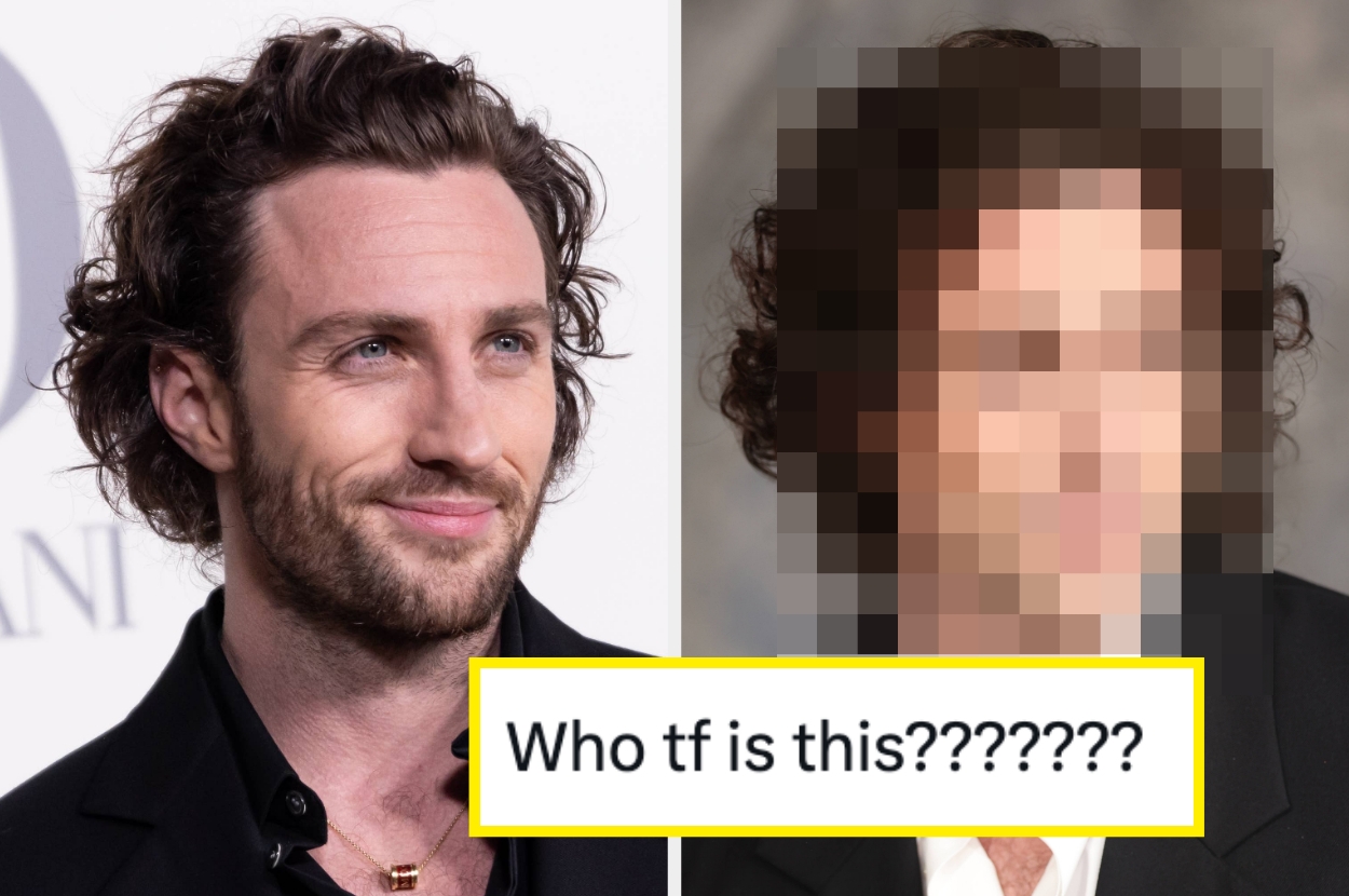 A person on the left with curly hair smiles. On the right, the same person appears pixelated. Text: "Who tf is this???????"