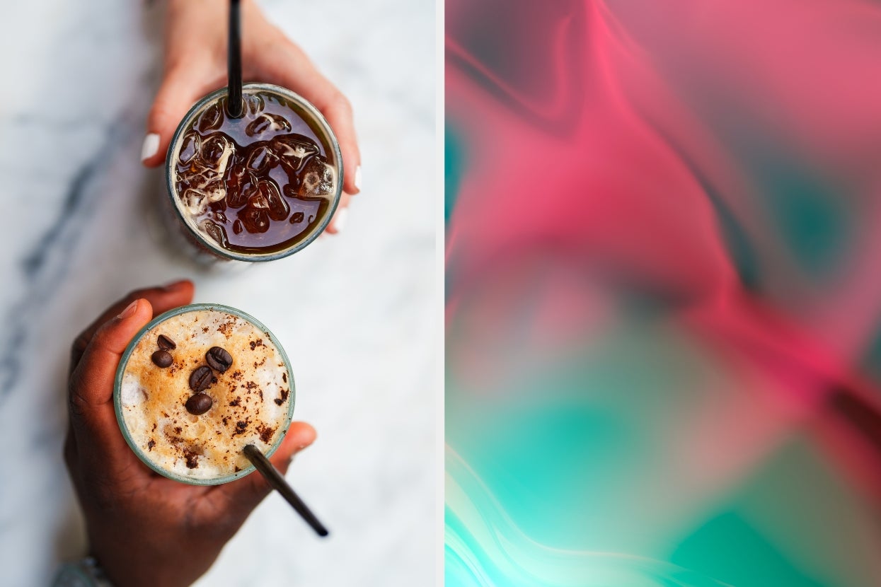 Two hands holding iced coffee drinks with straws on a marble surface; one tops with chocolate chips, the other plain. Right: abstract blurred pattern