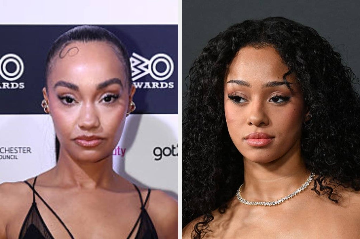 Two individuals at separate events: Left, a person in a sheer black top on a red carpet; right, another person in a black outfit with curly hair