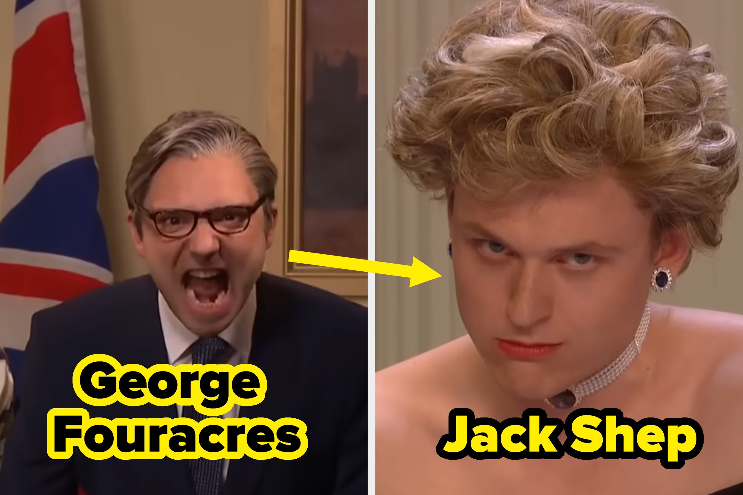 Two side-by-side images: one shows a person speaking energetically; the other shows a person with styled hair and a choker, looking directly at the camera