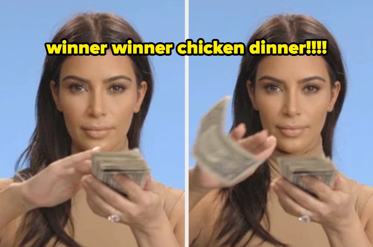 Person holding cash with a playful expression, captioned "winner winner chicken dinner"
