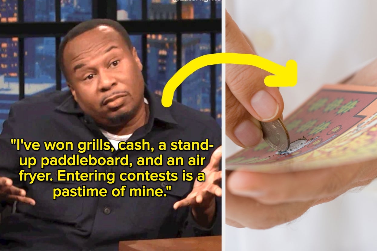 Person gesturing, text says they enjoy entering contests and winning items. Hand scratching a lottery ticket beside them