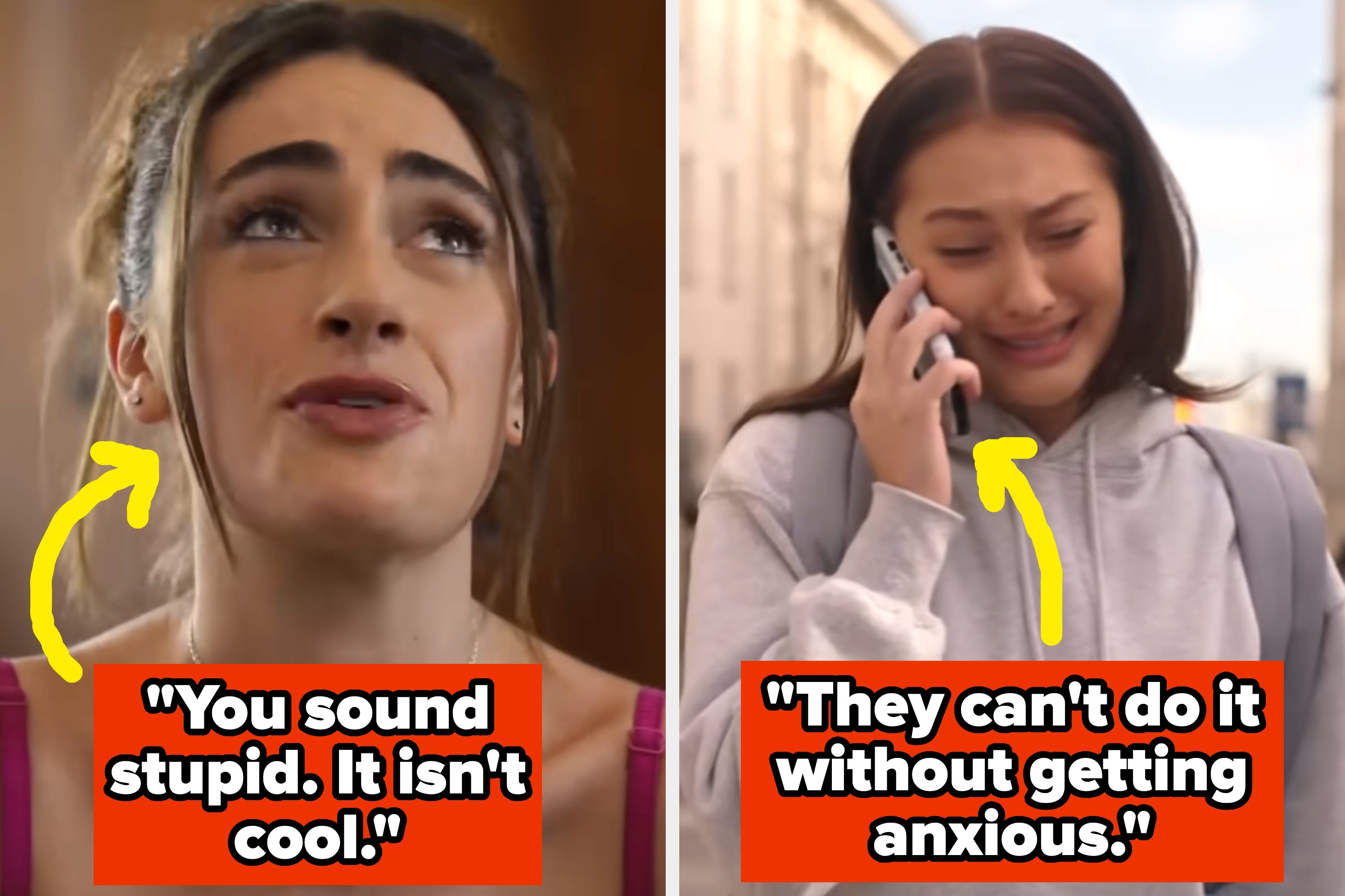 Two women appear distressed, accompanied by text: "You sound stupid. It isn't cool." and "They can't do it without getting anxious."